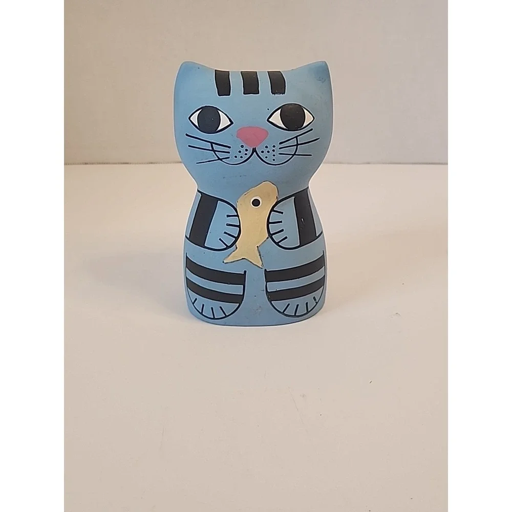 Vintage Ceramic Blue Kitty Cat Money Bank 5.25